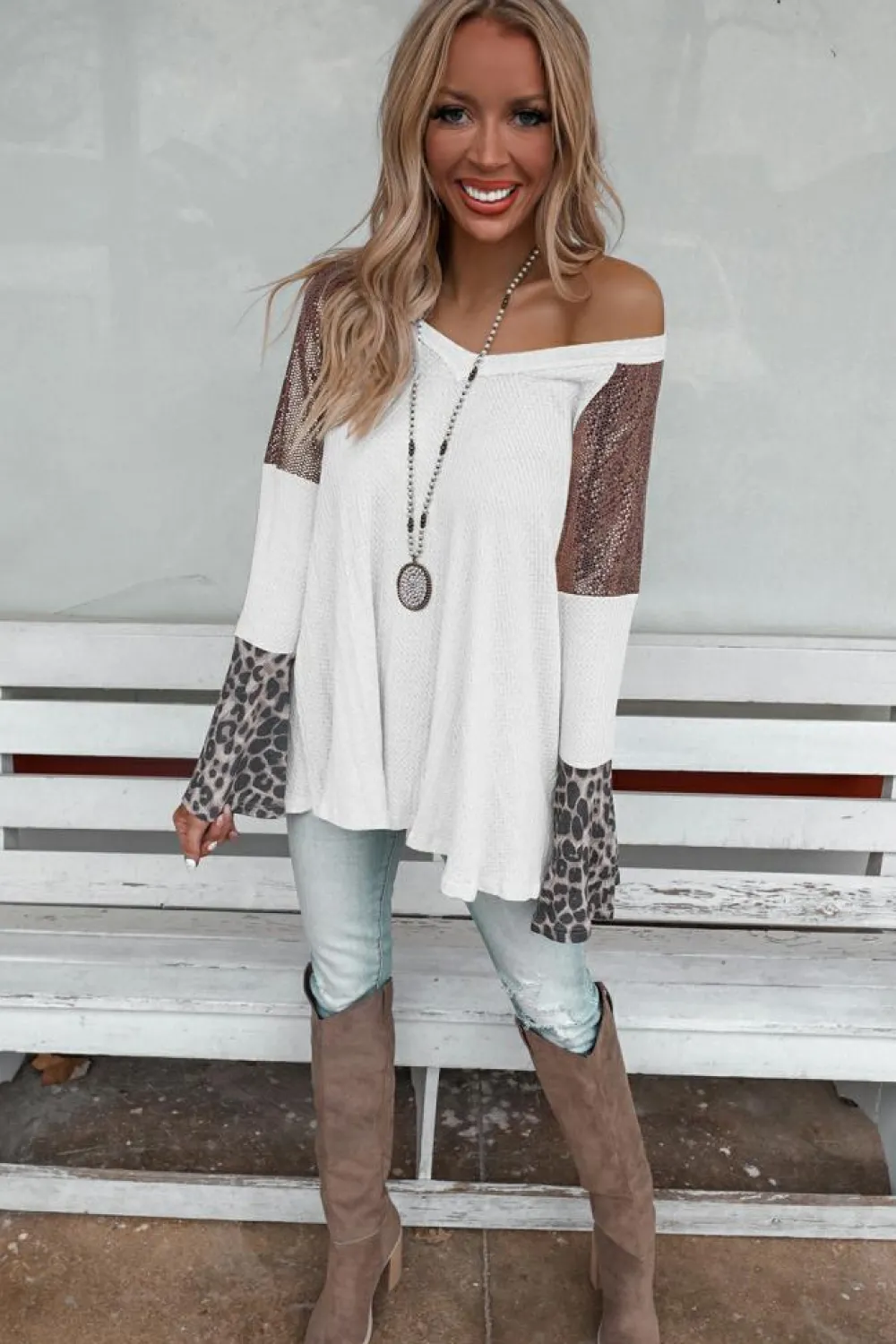 Sale Dear-Lover Sequin Patchwork Bell Sleeve V Neck Tunic Top White