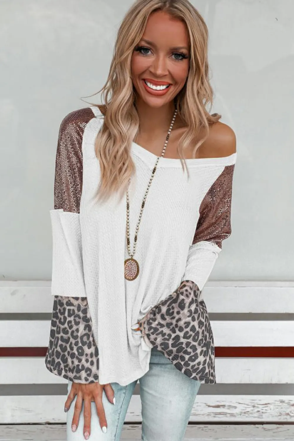 Sale Dear-Lover Sequin Patchwork Bell Sleeve V Neck Tunic Top White