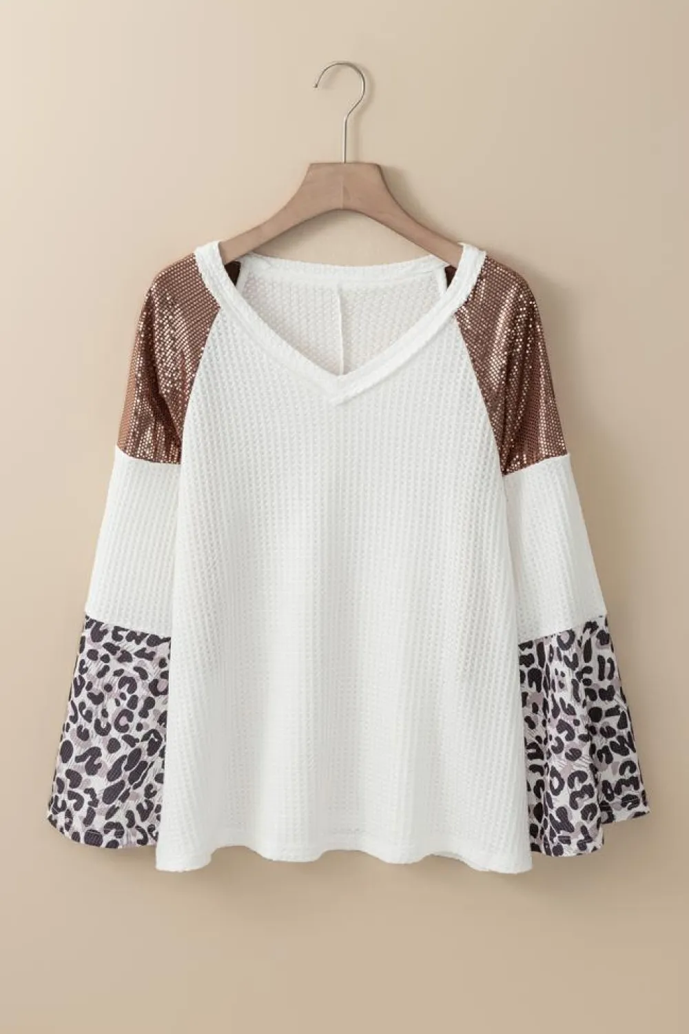 Sale Dear-Lover Sequin Patchwork Bell Sleeve V Neck Tunic Top White
