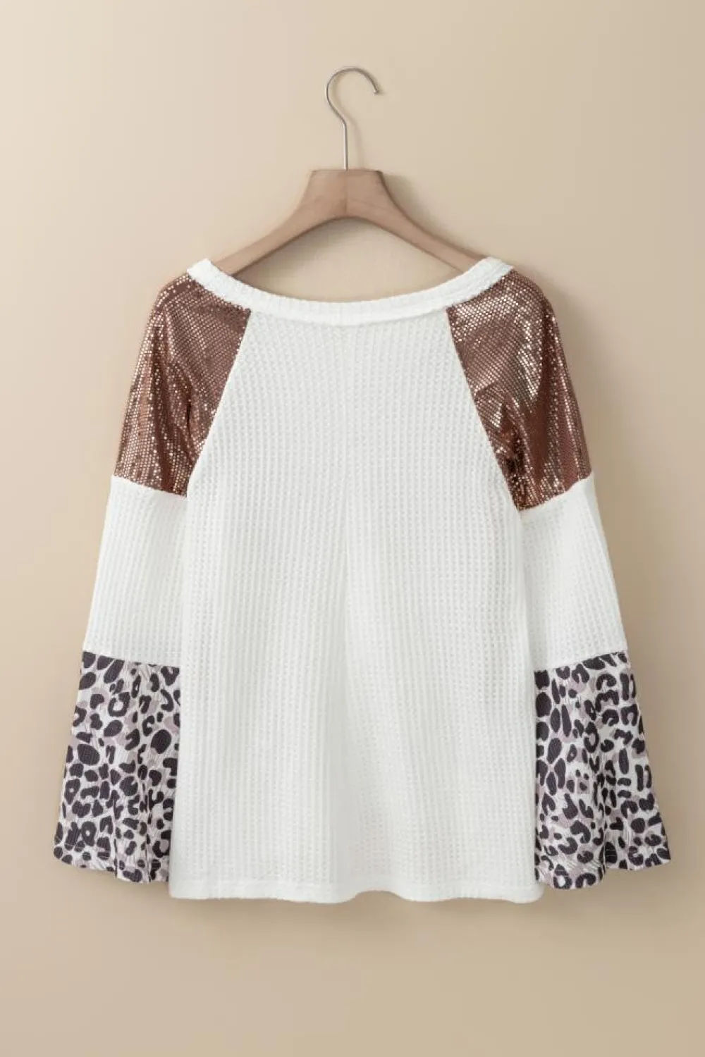 Sale Dear-Lover Sequin Patchwork Bell Sleeve V Neck Tunic Top White