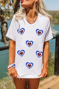 Best Dear-Lover Sequin Patriotic Heart Graphic Crewneck T Shirt White