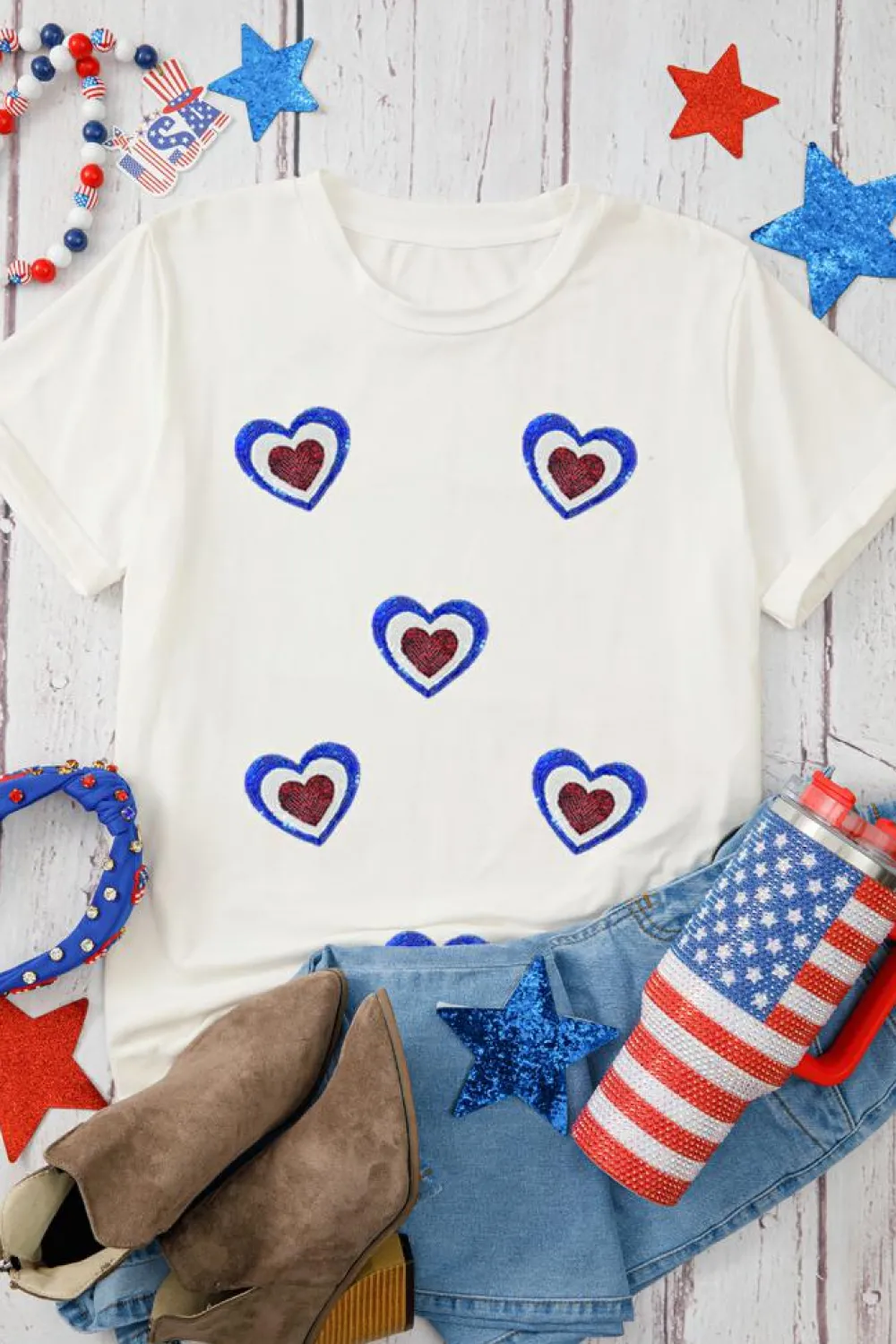 Best Dear-Lover Sequin Patriotic Heart Graphic Crewneck T Shirt White