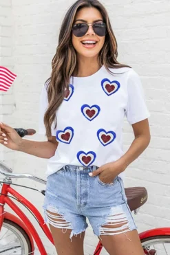 Best Dear-Lover Sequin Patriotic Heart Graphic Crewneck T Shirt White
