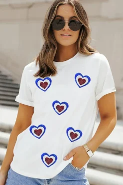Best Dear-Lover Sequin Patriotic Heart Graphic Crewneck T Shirt White