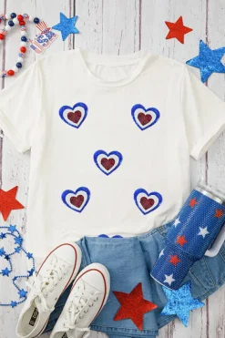 Best Dear-Lover Sequin Patriotic Heart Graphic Crewneck T Shirt White