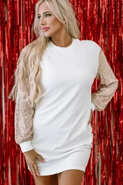 Discount Dear-Lover Sequin Puff Sleeve Shift Mini Dress White