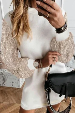 Discount Dear-Lover Sequin Puff Sleeve Shift Mini Dress White