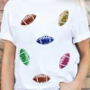 Hot Dear-Lover Sequin Rugby Football Pattern Crewneck T Shirt White