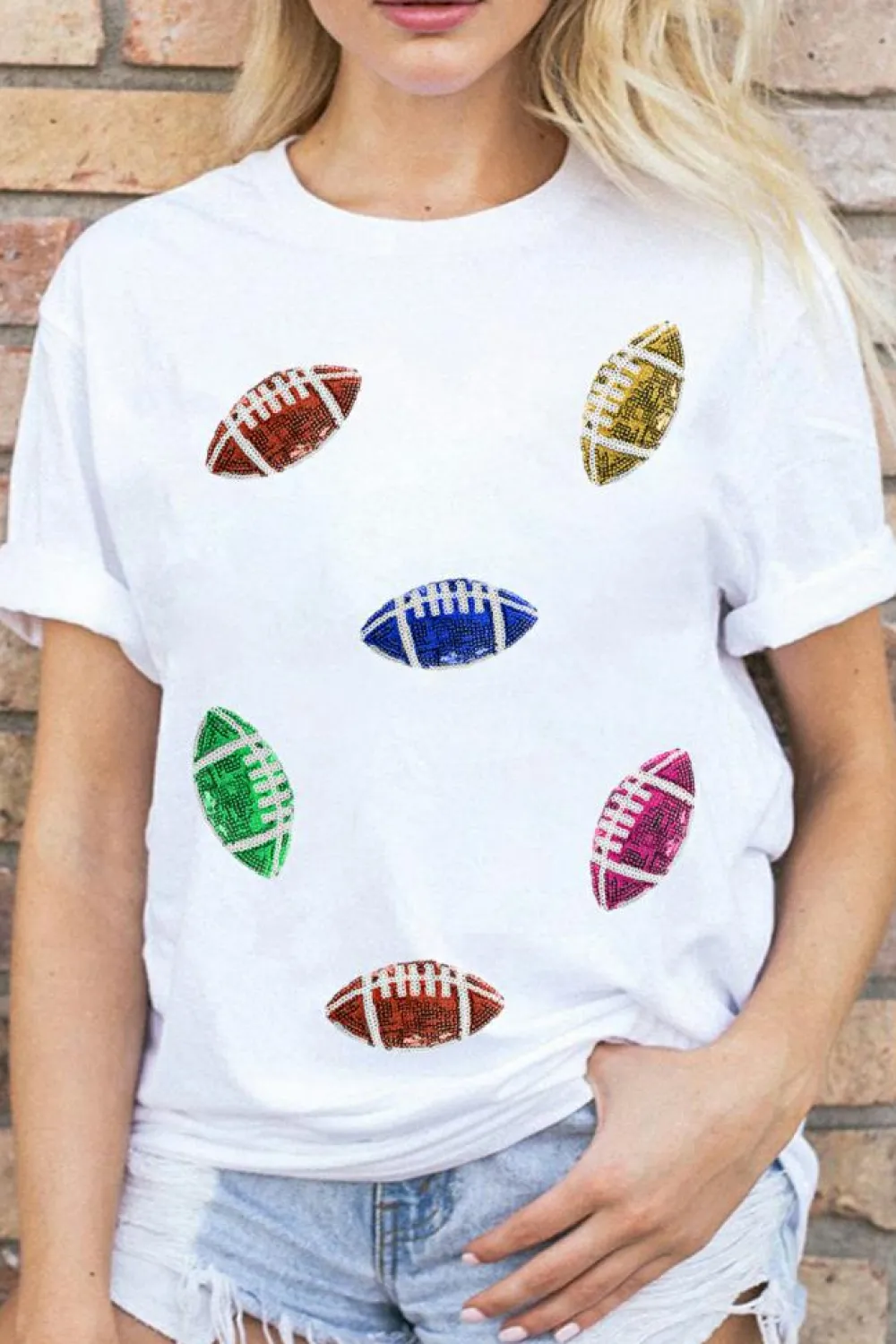 Hot Dear-Lover Sequin Rugby Football Pattern Crewneck T Shirt White