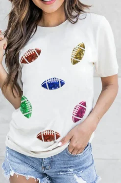 Hot Dear-Lover Sequin Rugby Football Pattern Crewneck T Shirt White