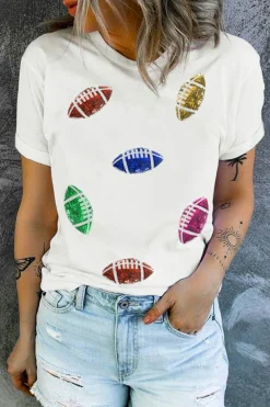 Hot Dear-Lover Sequin Rugby Football Pattern Crewneck T Shirt White