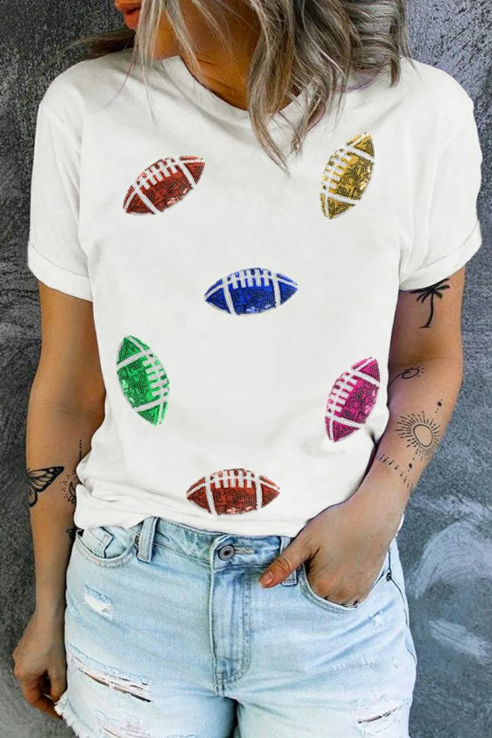 Hot Dear-Lover Sequin Rugby Football Pattern Crewneck T Shirt White