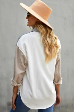 Online Dear-Lover Sequin Rugby Graphic Flap Pockets Corduroy Shacket White