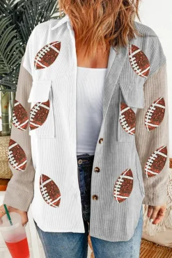 Online Dear-Lover Sequin Rugby Graphic Flap Pockets Corduroy Shacket White