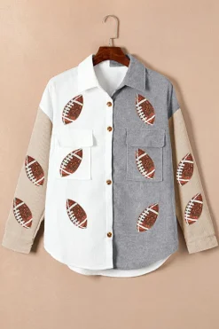 Online Dear-Lover Sequin Rugby Graphic Flap Pockets Corduroy Shacket White