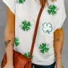 Hot Dear-Lover Sequin St Patrick Clover Patch Pocket Loose Tee white