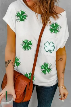 Hot Dear-Lover Sequin St Patrick Clover Patch Pocket Loose Tee white