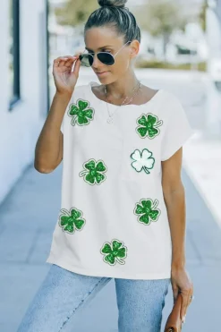 Hot Dear-Lover Sequin St Patrick Clover Patch Pocket Loose Tee white