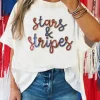 Sale Dear-Lover Sequin stars & stripes Graphic Drop Shoulder Loose T Shirt White