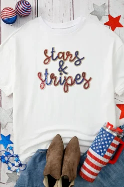 Sale Dear-Lover Sequin stars & stripes Graphic Drop Shoulder Loose T Shirt White