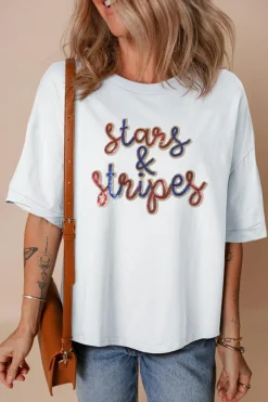 Sale Dear-Lover Sequin stars & stripes Graphic Drop Shoulder Loose T Shirt White