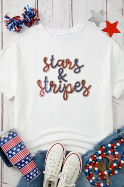 Sale Dear-Lover Sequin stars & stripes Graphic Drop Shoulder Loose T Shirt White