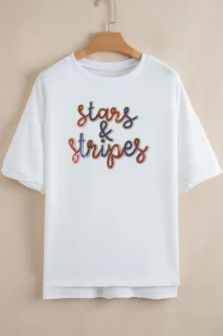 Sale Dear-Lover Sequin stars & stripes Graphic Drop Shoulder Loose T Shirt White