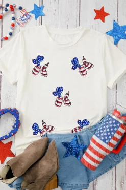 Clearance Dear-Lover Sequin Stars and Stripes Balloon Puppy Graphic Crewneck Tee White