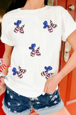 Clearance Dear-Lover Sequin Stars and Stripes Balloon Puppy Graphic Crewneck Tee White