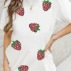 Best Dear-Lover Sequin Strawberry Patched Crew Neck T Shirt White