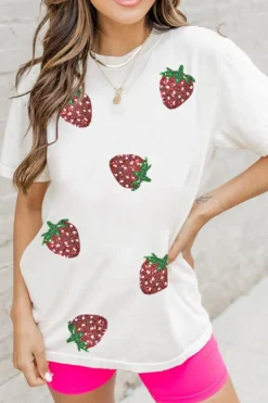 Best Dear-Lover Sequin Strawberry Patched Crew Neck T Shirt White
