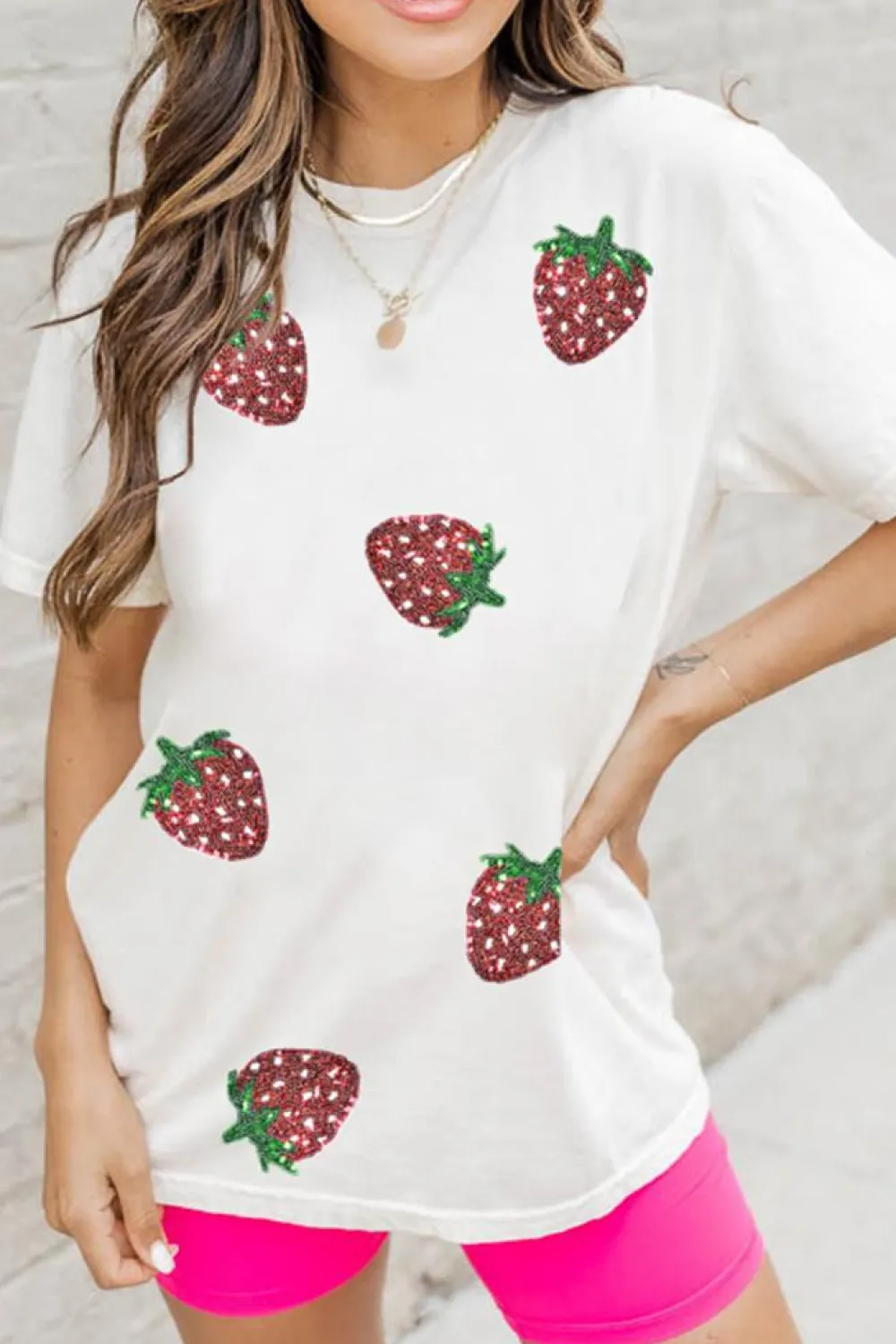 Best Dear-Lover Sequin Strawberry Patched Crew Neck T Shirt White