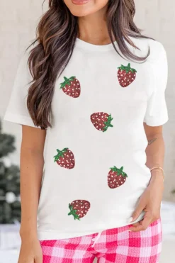 Best Dear-Lover Sequin Strawberry Patched Crew Neck T Shirt White
