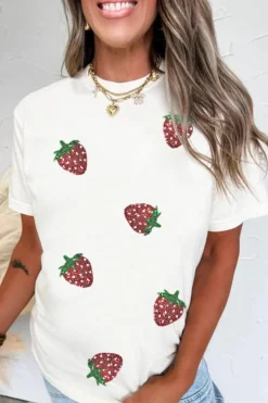 Best Dear-Lover Sequin Strawberry Patched Crew Neck T Shirt White