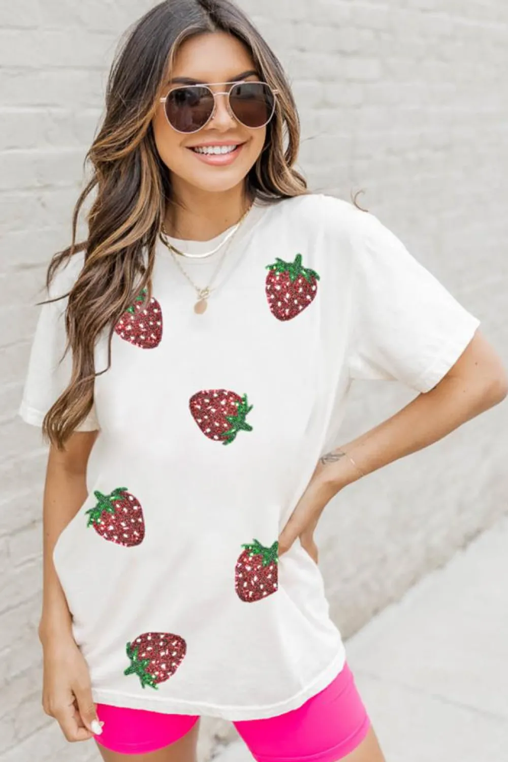 Best Dear-Lover Sequin Strawberry Patched Crew Neck T Shirt White