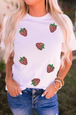 Best Dear-Lover Sequin Strawberry Patched Crew Neck T Shirt White