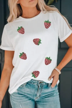 Best Dear-Lover Sequin Strawberry Patched Crew Neck T Shirt White