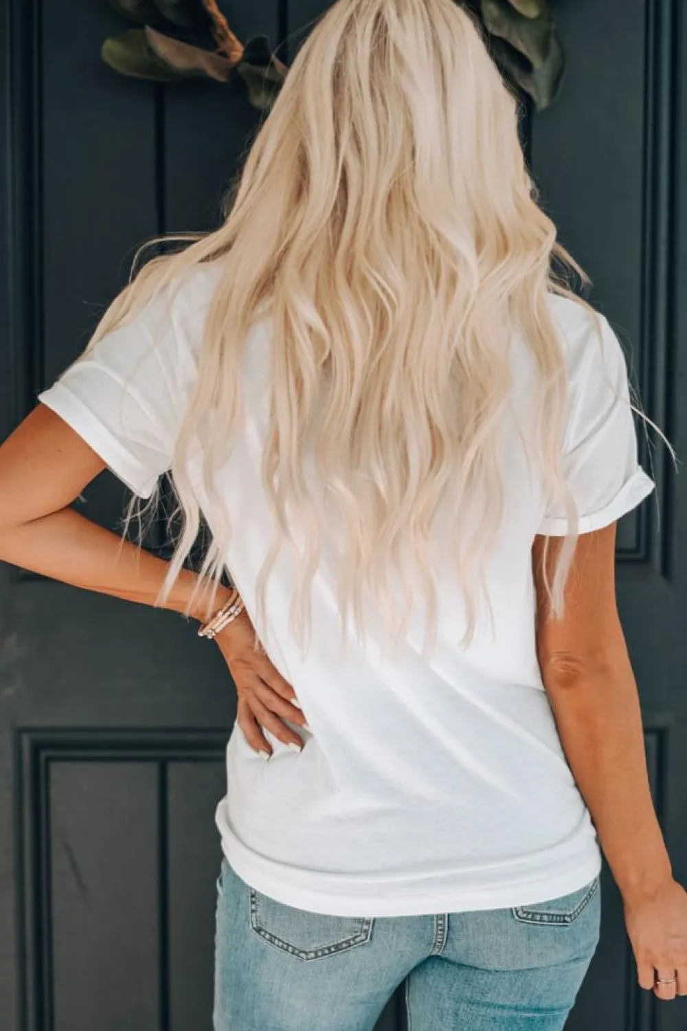 Best Dear-Lover Sequin Strawberry Patched Crew Neck T Shirt White