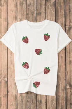 Best Dear-Lover Sequin Strawberry Patched Crew Neck T Shirt White