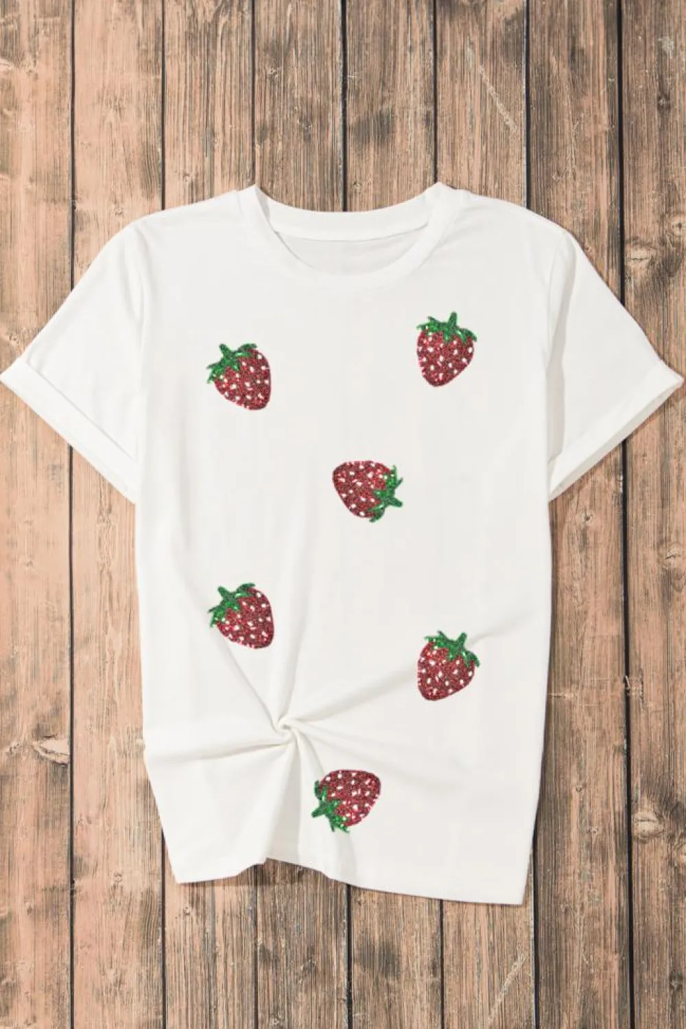 Best Dear-Lover Sequin Strawberry Patched Crew Neck T Shirt White