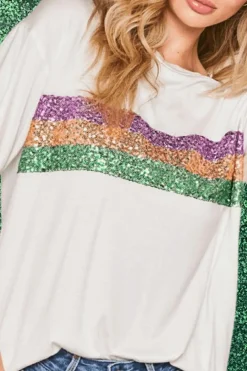 Sale Dear-Lover Sequin Stripes Patchwork Mardi Gras Crew Neck T Shirt White