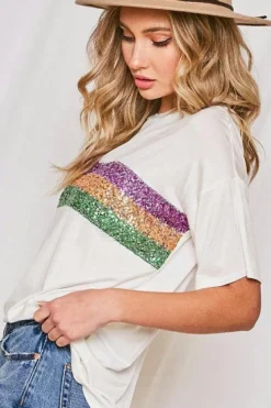 Sale Dear-Lover Sequin Stripes Patchwork Mardi Gras Crew Neck T Shirt White