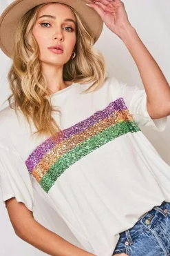 Sale Dear-Lover Sequin Stripes Patchwork Mardi Gras Crew Neck T Shirt White