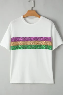 Sale Dear-Lover Sequin Stripes Patchwork Mardi Gras Crew Neck T Shirt White