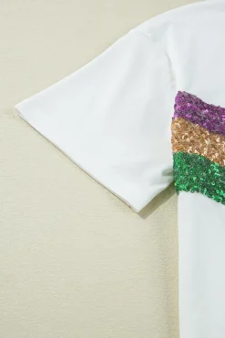 Sale Dear-Lover Sequin Stripes Patchwork Mardi Gras Crew Neck T Shirt White