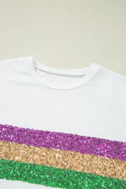 Sale Dear-Lover Sequin Stripes Patchwork Mardi Gras Crew Neck T Shirt White