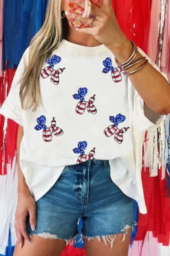 Online Dear-Lover Sequin USA Flag Balloon Puppy Graphic Drop Shoulder High Low Tee White