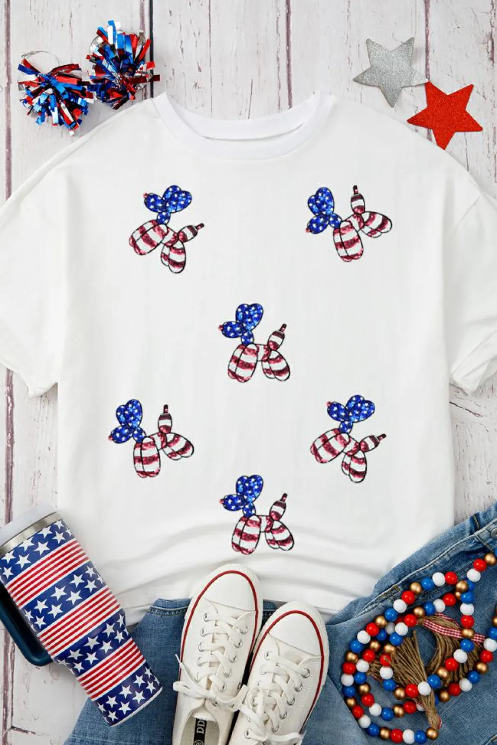 Online Dear-Lover Sequin USA Flag Balloon Puppy Graphic Drop Shoulder High Low Tee White