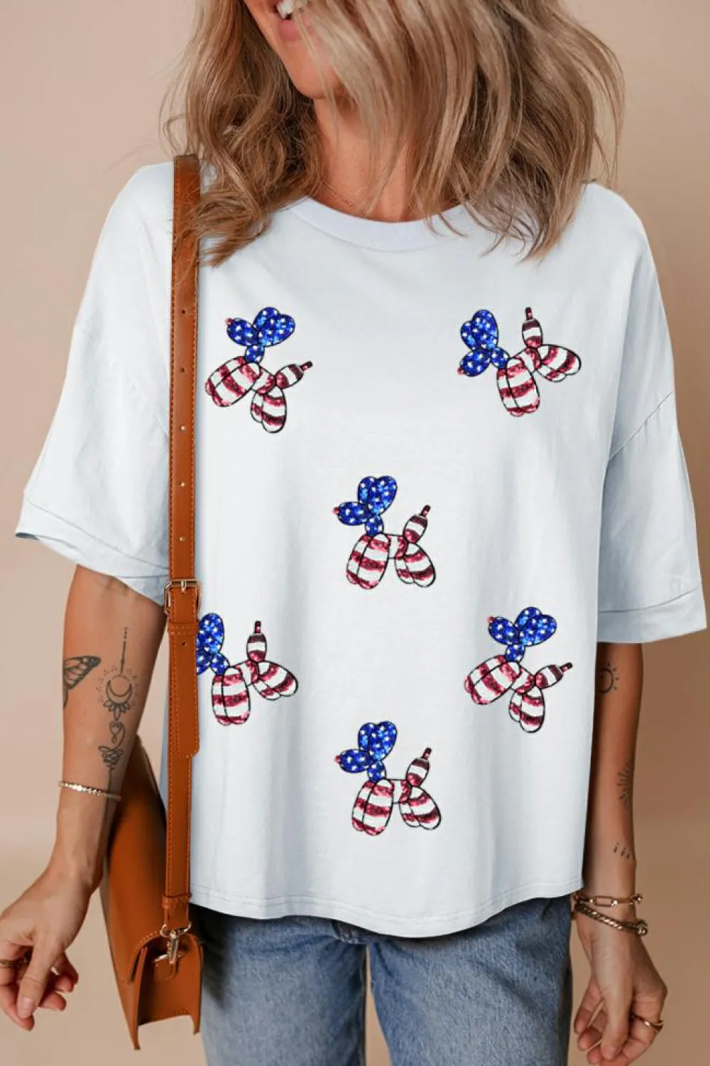Online Dear-Lover Sequin USA Flag Balloon Puppy Graphic Drop Shoulder High Low Tee White