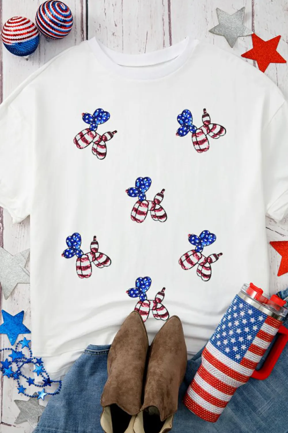 Online Dear-Lover Sequin USA Flag Balloon Puppy Graphic Drop Shoulder High Low Tee White